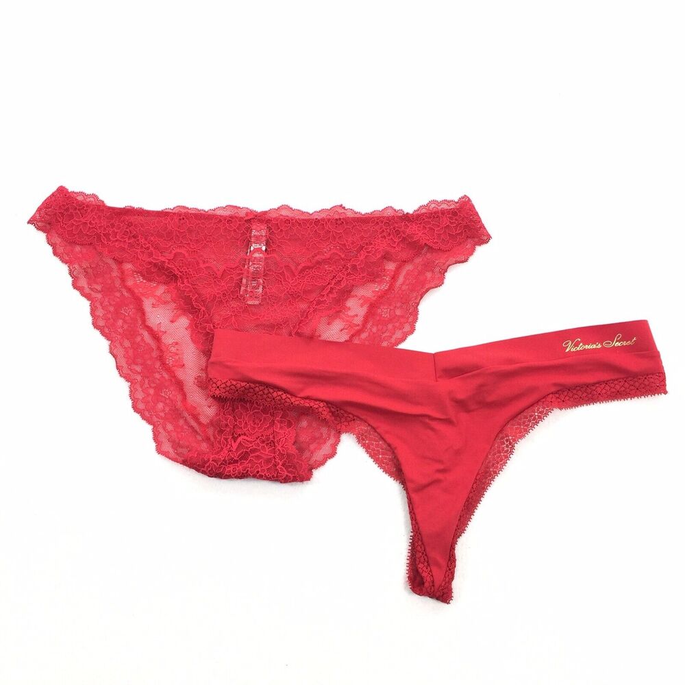 NWT Set of 2 Victoria's Secret Panties Thong Lace Bikini XL Womens Red Solid